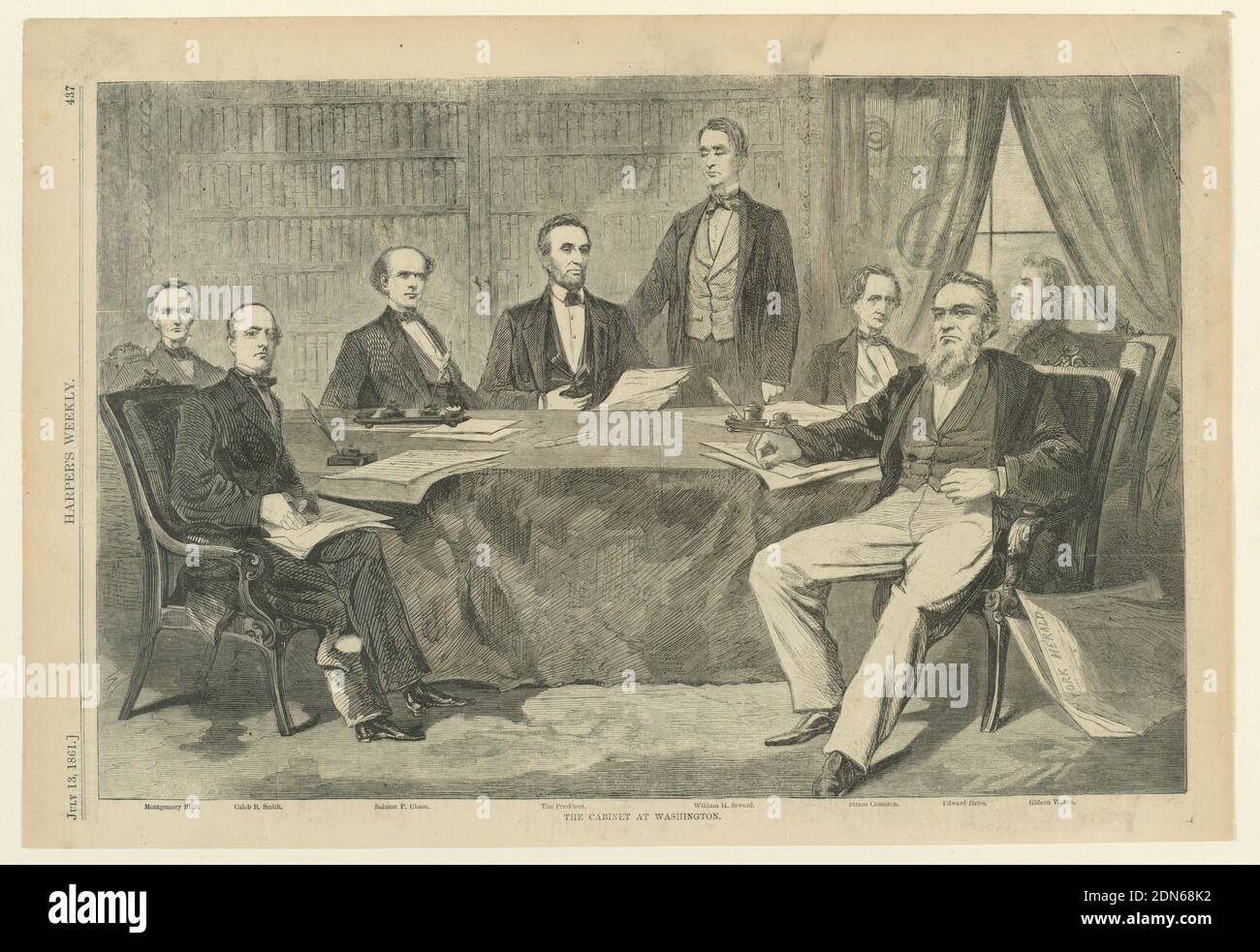 President Lincoln and His Cabinet Members at Washington, D.C., from Harper's Weekly, July 13, 1861, p. 437., Unknown, American, Wood engraving in black ink on newsprint paper, Horizontal view of an interior with President Lincoln and his cabinet seated around a table and facing the spectator. Secretary Seward stands behind the President and the names of the other cabinet members are indicated in the margin below., Washington, District of Columbia, USA, July 13, 1861, graphic design, Print Stock Photo