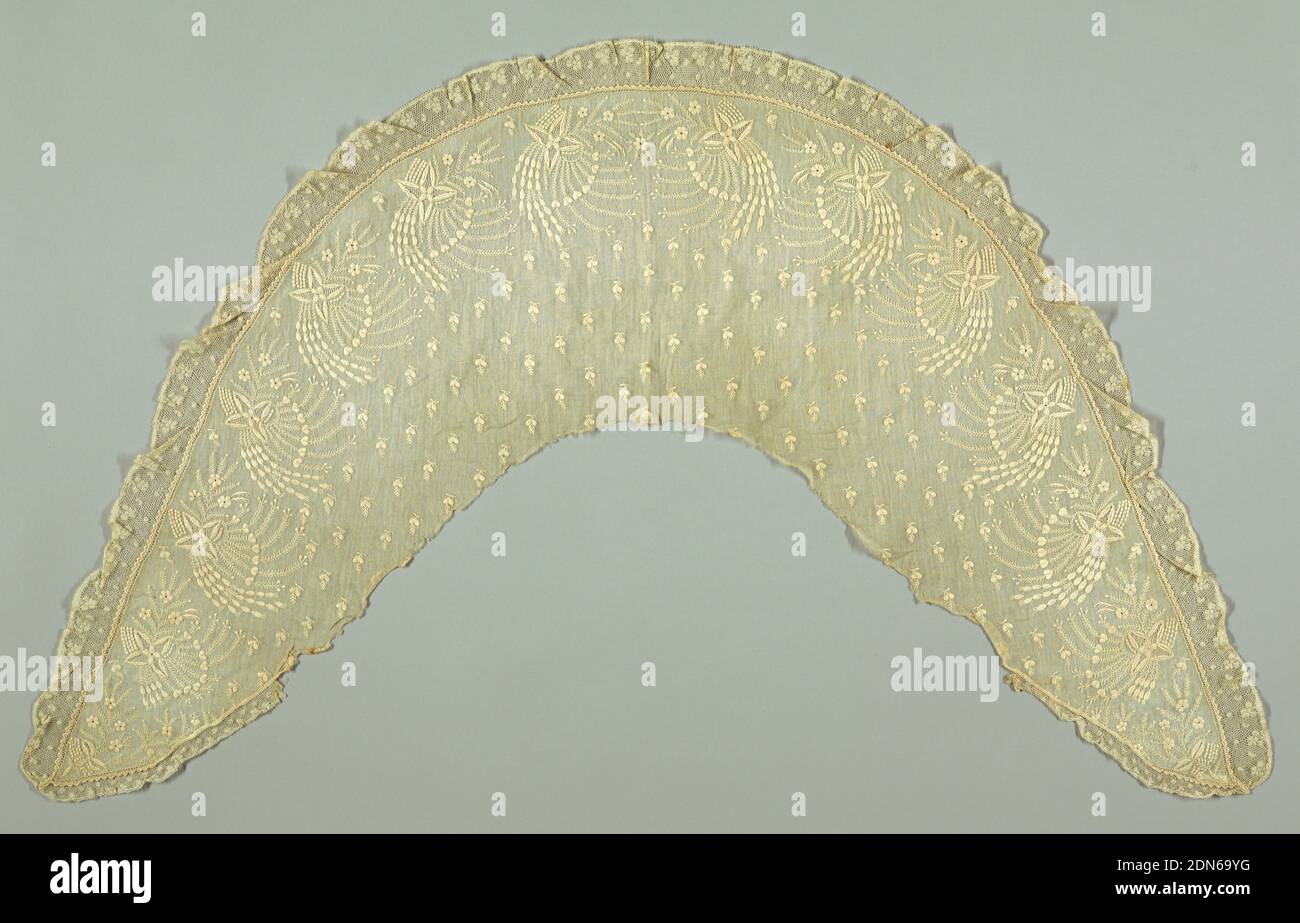 Collar, Medium: cotton Technique: embroidered on plain weave; bobbin lace, Sheer white collar with white embroidery in a field pattern of small floral sprigs and a side border of repeating delicate floral forms. Outer edge trimmed with bobbin lace., France, 19th century, embroidery & stitching, Collar Stock Photo