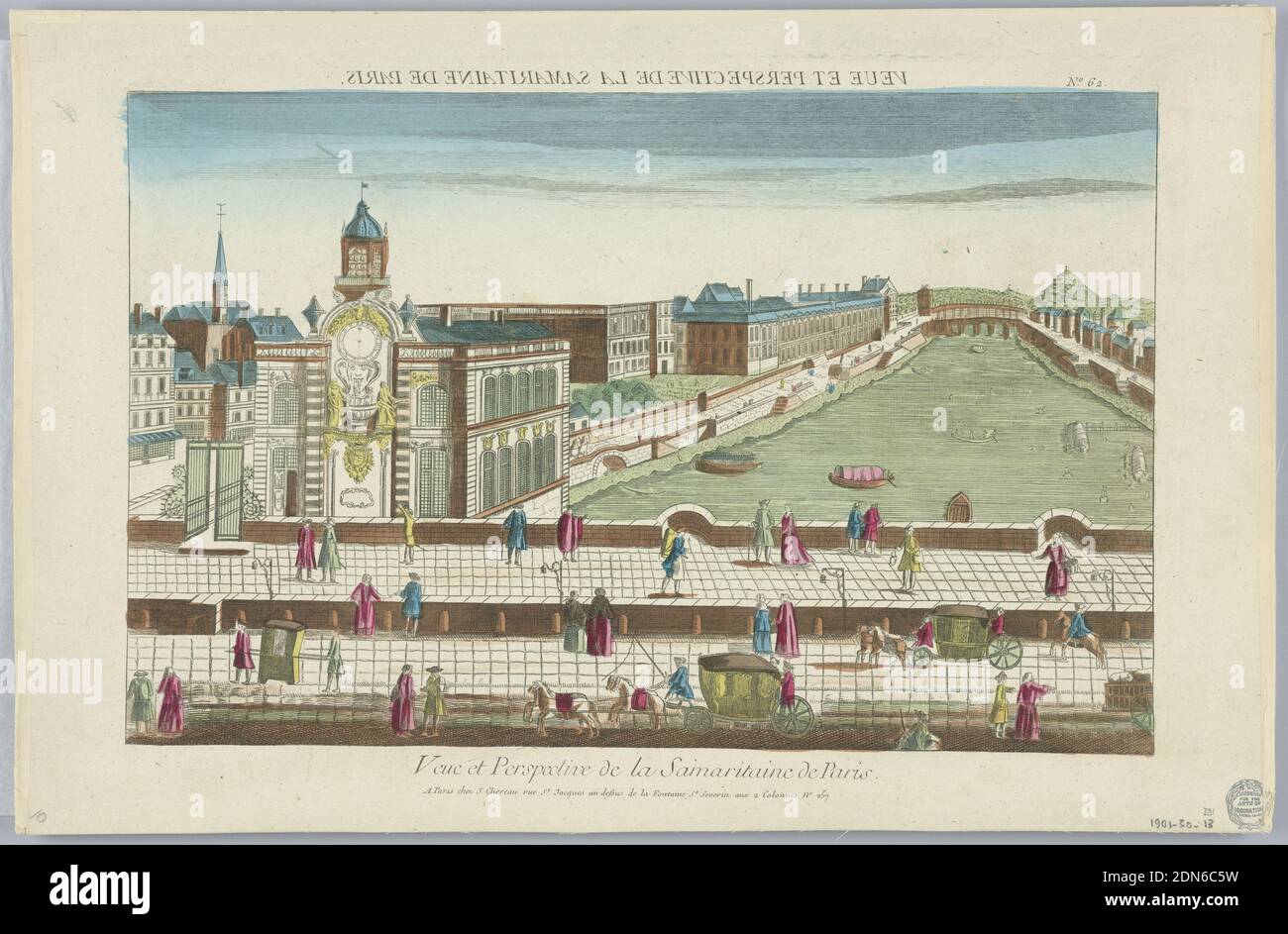 Peep-show, Veue et Perspective de la Samaritaine de Paris, No. 62, Engraving in ink with washes of watercolor on paper, mounted on scrapbook page, Peep-show print, France, ca. 1750, Print Stock Photo