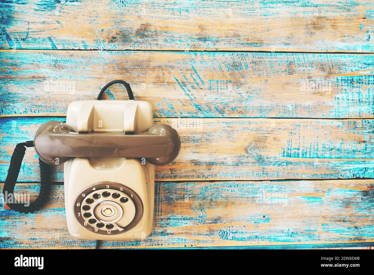 Download Top View Hero Header Retro Technology Of Vintage Telephone On Blue Paint Color Wood Table Vintage Color Effect Styles Stock Photo Alamy