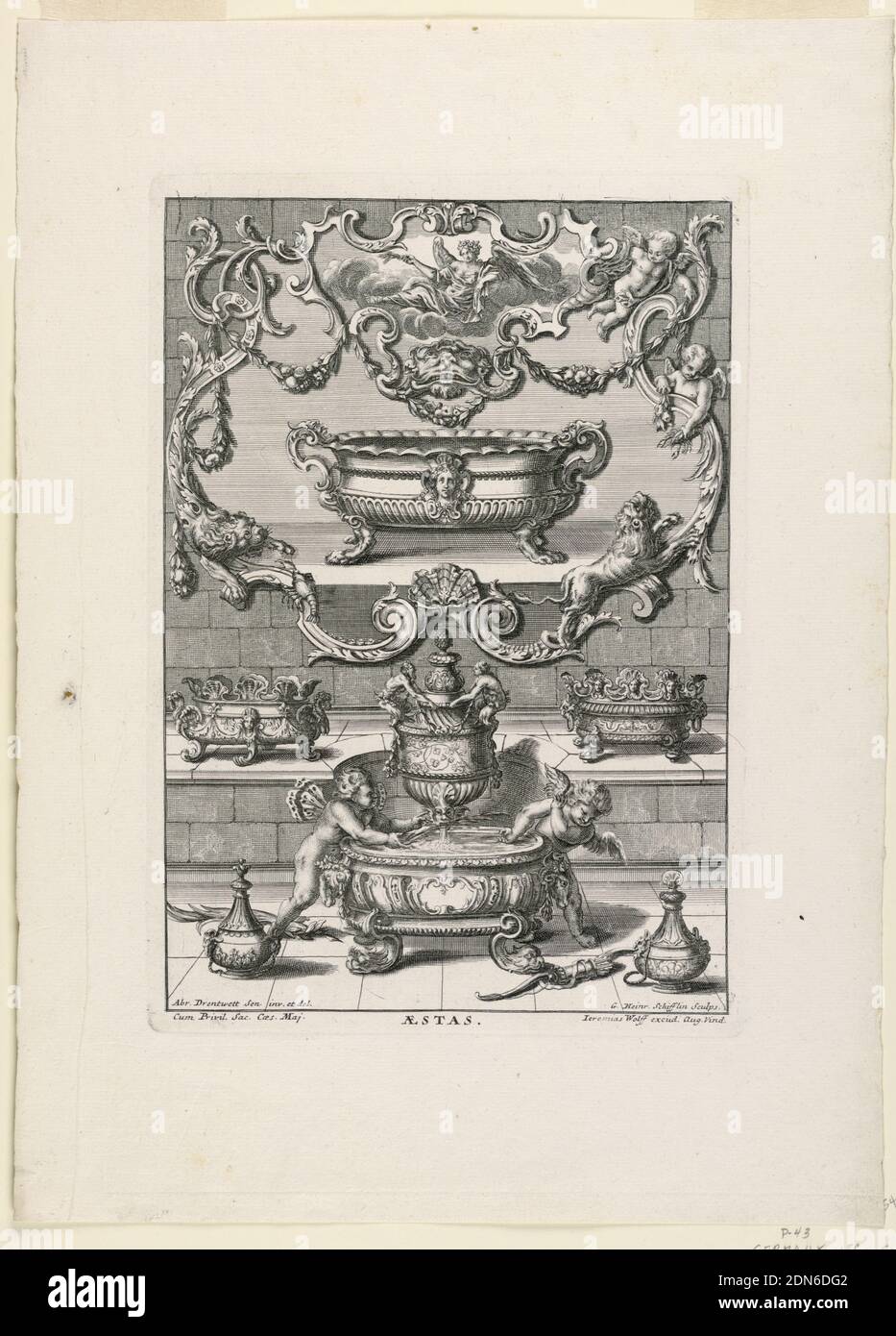 Unterschiedlich Augspurgische Goldschmidts Arbeit, 'Aestas' (Summer), Plate 2, Abraham Drentwet, 1647 – 1727, Jeremias Wolff, German, 1663–1750, Engraving on white laid paper, A large frame on a wall consisting of scrolls, putti, a lion, a mascaron, fruit and flower festoons and a lobster. Inside the frame is a large tureen with lion's feet and a woman's face at center. Below the frame, there are smaller tureens at left and right; at center a fountain in the shape of an urn with two putti playing., Germany, 1721–40, furniture, Print Stock Photo