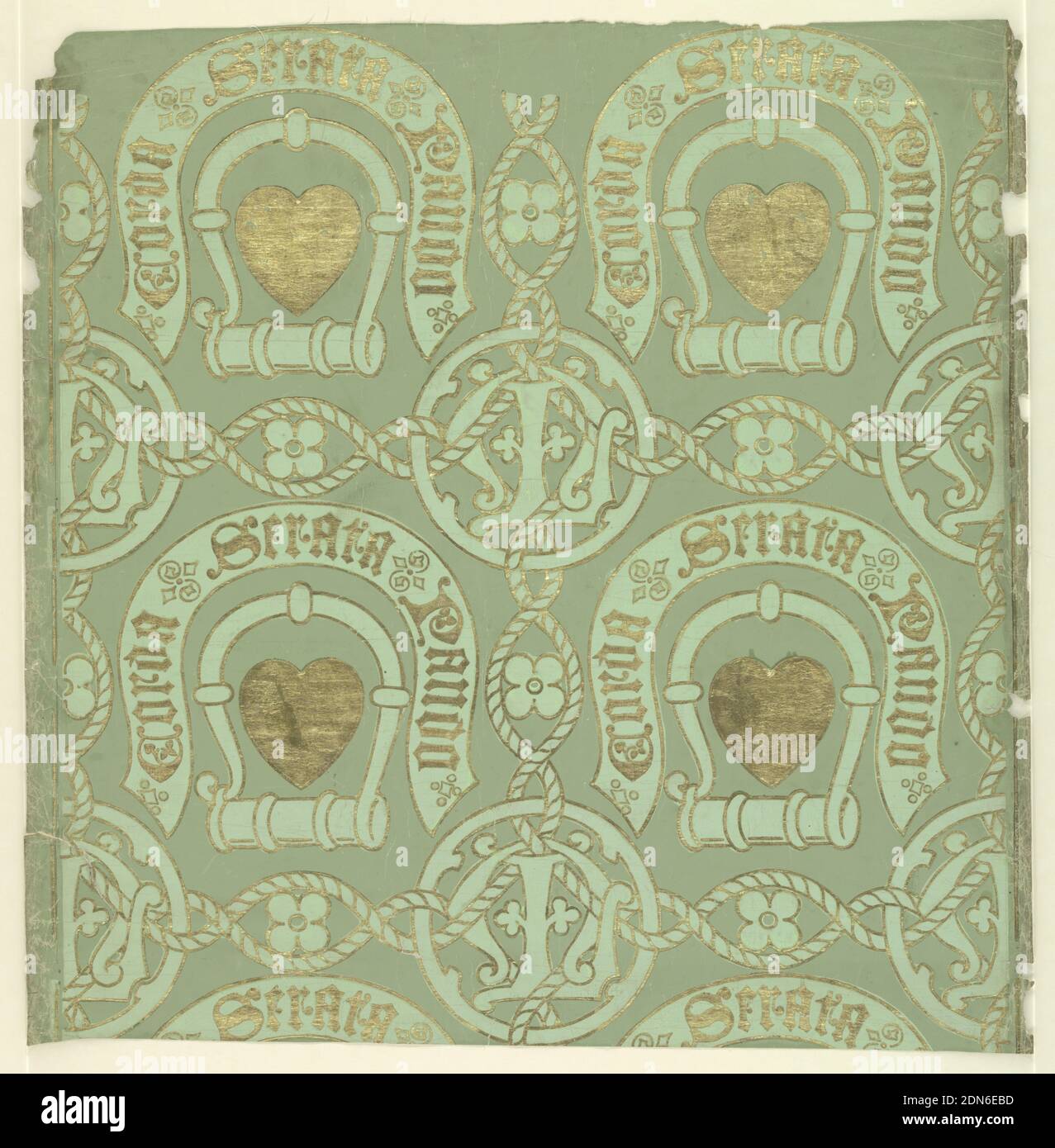 Sidewall, William Woolams and Co., A.W.N. Pugin, English, 1812–1852, Block-printed paper, Major motif a gold heart enframed by a fetterlock with accompanying motto: Corda Serata Pando. In staggered relationship to this, a circular medallion contains the letter 'M' superimposed on the letter 'L'. Twisted rope embellishments connect monograms. Printed for Lady Macdonald Lockhart for use at Lee Castle, Lanarkshire. On verso is stamped almost illegibly: 'John G. Crace / 14 Wigmore Street.', England, ca. 1848, Wallcoverings, Sidewall Stock Photo