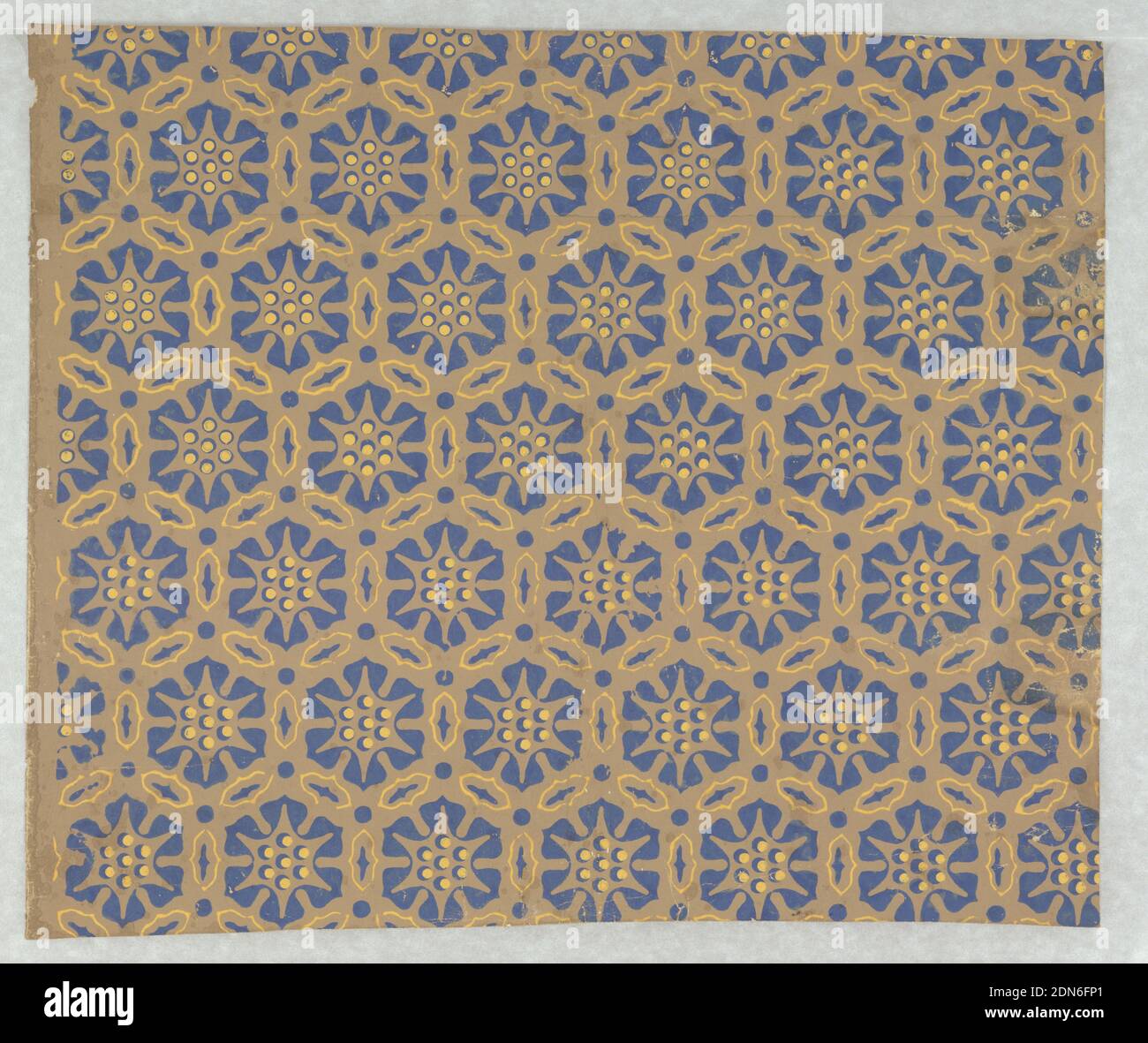 Sidewall, Block-printed on joined sheets, All-over pattern of stylized hexagonal rosettes separated by stylized leaves and dots in a continuous hexagonal design. Blue and yellow on brown., France, 1800, Wallcoverings, Sidewall Stock Photo