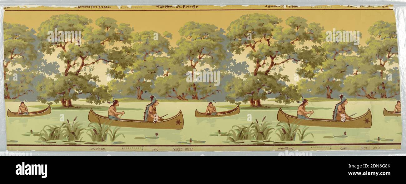 The Oritani, Wm. Campbell Wall Paper Company, 1872, Alfred Egli, Swiss immigrant to U.S.A., Machine-printed paper, Repeating design of stream with canoes carrying Indians, some carrying rifles, some fishing. Trees form a band in the background. Printed in top selvedge: Antiseptic Pat'd 8-9-04, and Wm. Campbell-Wall-Paper-Co., with color register marks; printed in bottom selevedge: The Oritani, Aegli Desgr, 5015. Printed in greens, red and browns, the trees in 'a' largely green, and those in 'b' in brown., Hackensack, New Jersey, USA, 1905–1915, Wallcoverings, Frieze Stock Photo