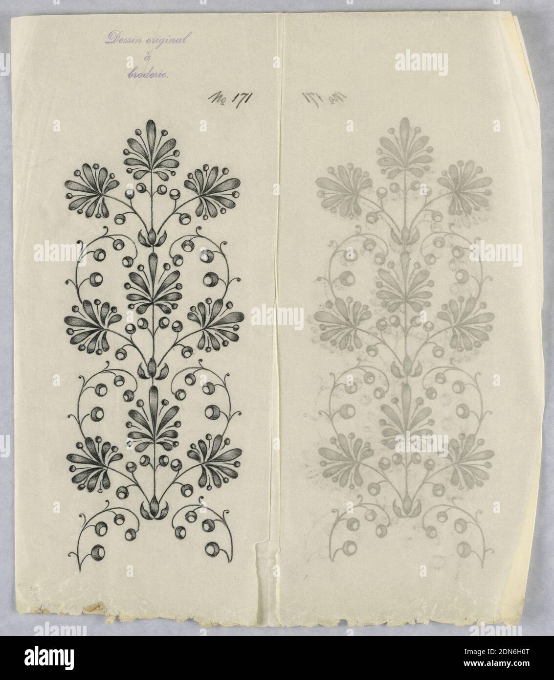 Designs for embroidery, Black crayon on tracing paper., Vertical rectangle.  Designs of abstract floral patterns for panels and borders. Each drawing  stamped at top: 'Dessin original a broderie.' Designs numbered 171 (J),