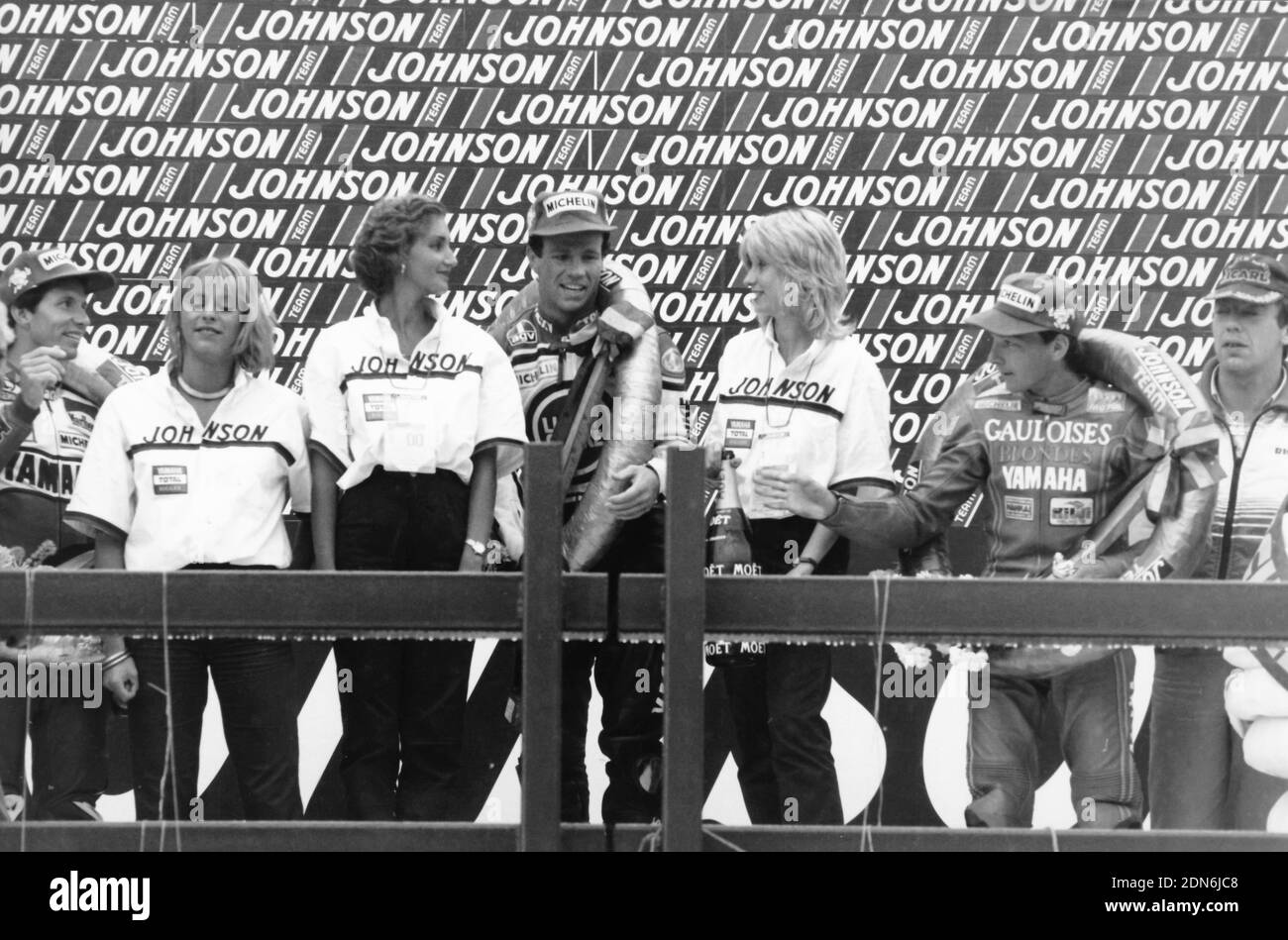 Podium Belgium GP 500 1986, Mamola, Lawson, Sarron Stock Photo