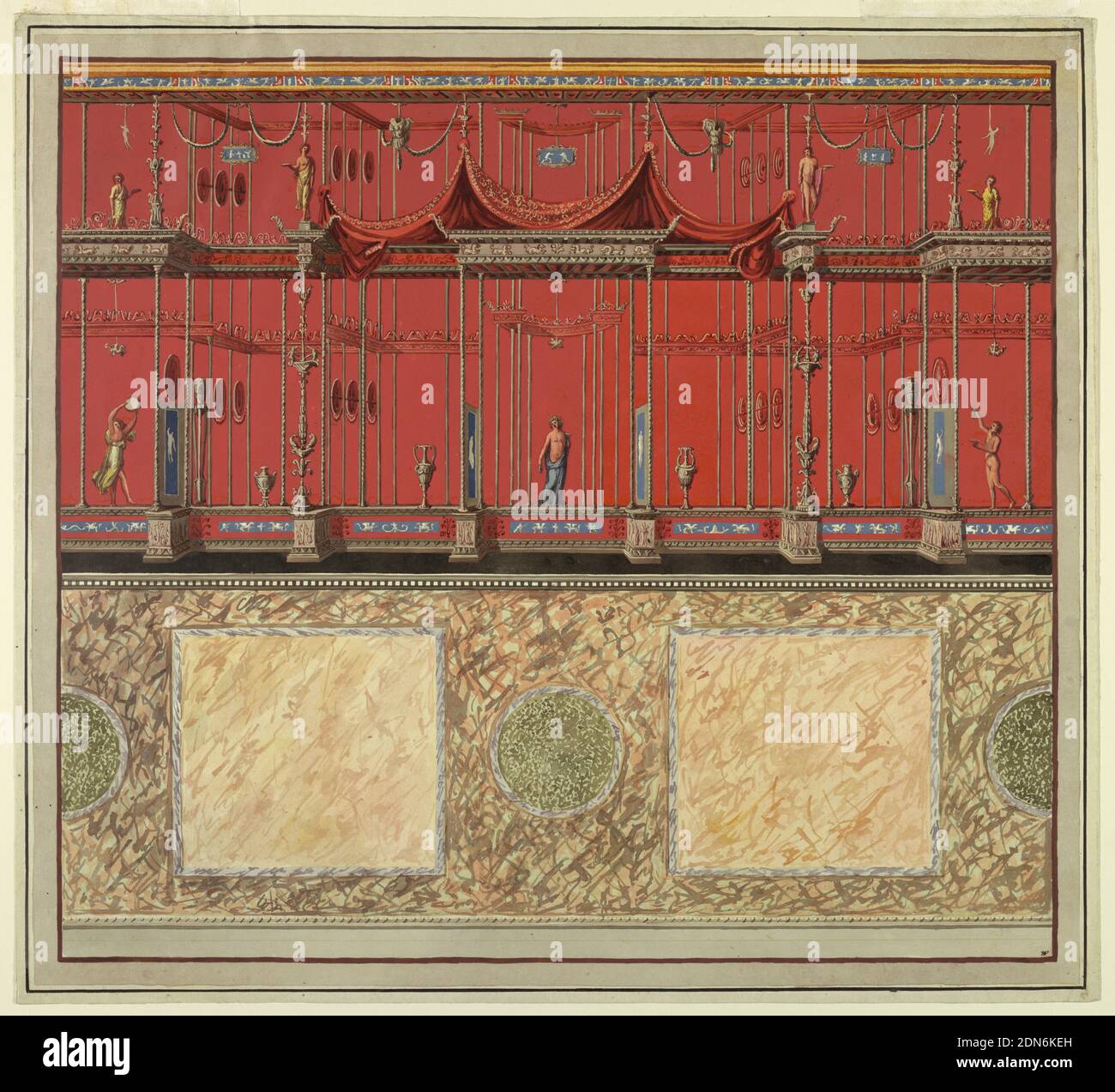 Wall Decoration, Domus Aurea, Rome, Vincenzo Brenna, Italian, 1745 – 1820, Franciszek Smugliewicz, 1745 – 1807, Brush and gouache, watercolor, over etching trimmed to the plate mark, Design for a wall decoration. View of red colored wall with grotesques above a rendering of a marble wall with inlaid squares and circles. Grotesque motif consists of open framework compartments surmounted with figures at left and right and draped material at center., Rome, Italy, 1776–77, wallpaper designs, Print Stock Photo