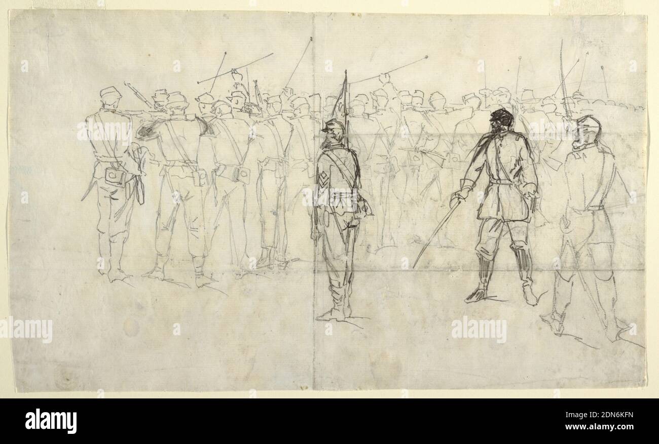 Infantry Rifle Drill, Sickles Regiment, Lee's Mills, Virginia, Winslow Homer, American, 1836–1910, Graphite on paper, Horizontal view of a line fo infantry soldiers at rifle drill, with officers., USA, 1862, figures, Drawing Stock Photo