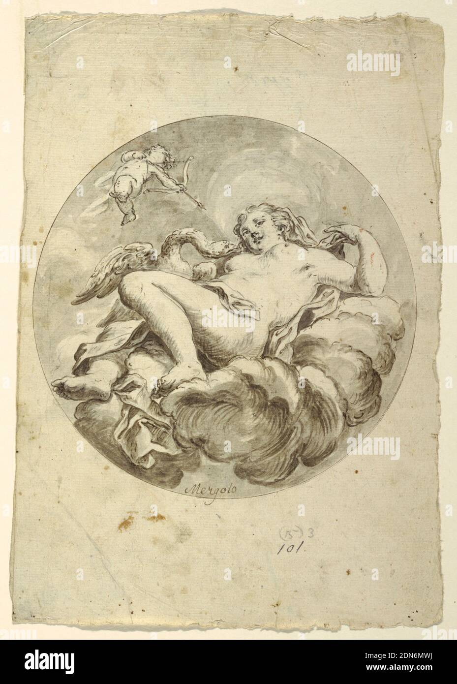 Project for a Ceiling Fresco: Leda and the Swan, Francesco Saverio Mergolo, Italian, 1746–1786, Brush and grey wash, pen and brown ink, graphite on paper, Circular borderline. Leda upon clouds, recumbent, the swan beside her. Amor is aiming at her., Southern Italy, ca. 1775, figures, Drawing Stock Photo