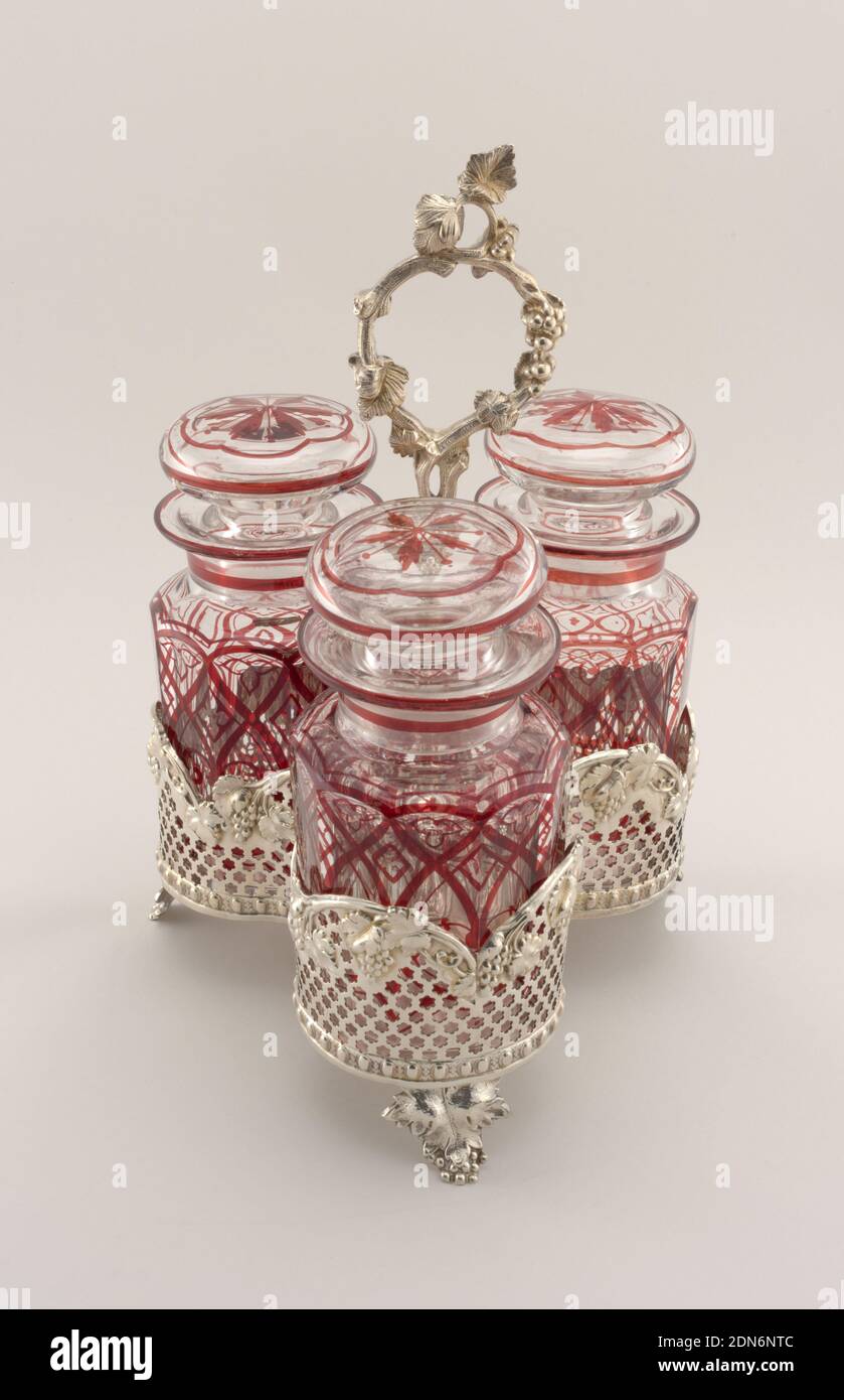 Cruet Set with Condiment Jars, Silverplate, molded and stained glass, England, ca. 1870, metalwork, Decorative Arts, Cruet Set with Condiment Jars Stock Photo