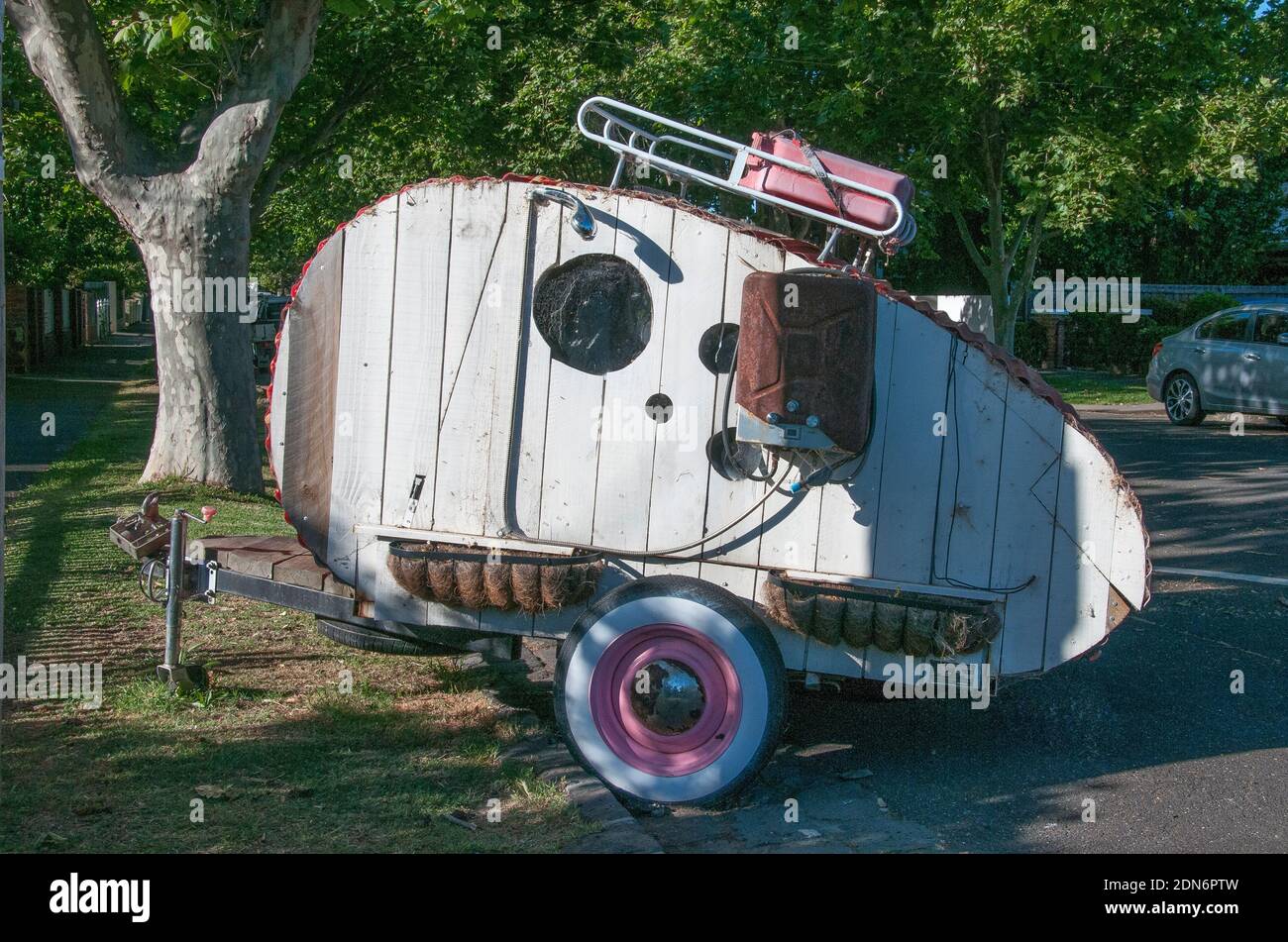 Quirky Gidget Teardrop caravan or camper trailer (or a close copy of same) parked in suburban Melbourne, Australia. Formerly manufactured in Brisbane. Stock Photo
