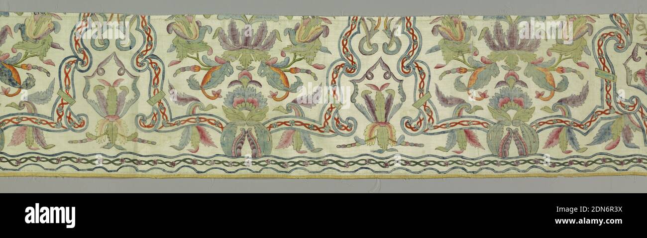 Fragment, Medium: silk, polychrome paint Technique: painted and printed on plain weave, Panel with several repeats of a conventionalized design made from leaves and flowers, arabesques and curving, intersecting lines., China, 18th century, printed, dyed & painted textiles, Fragment Stock Photo