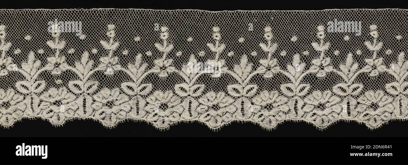 Border, Medium: linen Technique: bobbin lace (Valenciennes diamond ground), Border with a design of joined flower and leaf motifs with dots and a scalloped edge., France, 19th century, lace, Border Stock Photo