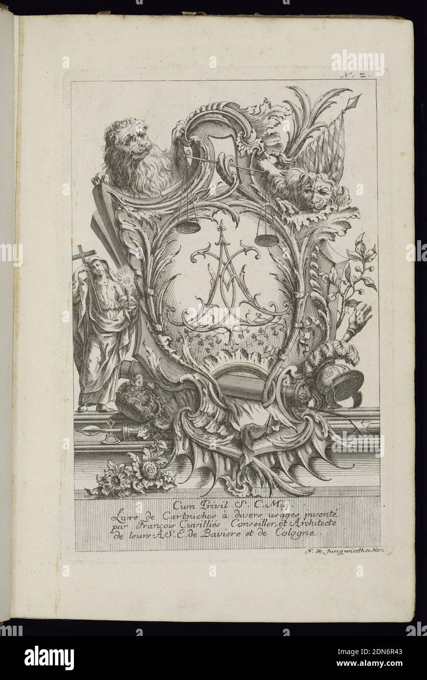 Cartouche with Two Lions and a Cipher, Livre de Cartouches à divers usages (Book of Cartouches for Different Uses), François de Cuvilliés the Elder, Belgian, active Germany, 1695 - 1768, Franz Xaver Andreas Jungwierth, German, 1720–1790, François de Cuvilliés the Elder, Belgian, active Germany, 1695 - 1768, Etching and engraving on paper, Cartouche framed with two lions at top, banners, military regalia (helmet, ax), a scale, crown, flowers, and a hand. At left, a holy figure in drapery carrying a wooden cross. Within cartouche, a cipher of the letters 'C' and 'A' in Rococo style., Munich Stock Photo