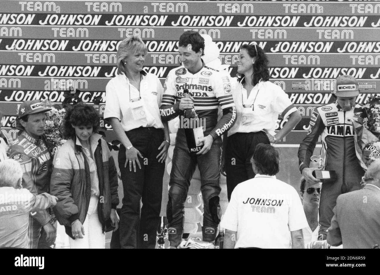 Podium Belgium GP 500 1985, Spencer,Lawson,Sarron Stock Photo