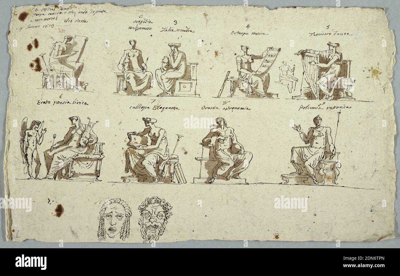 Designs for paintings in Montmorency: The Nine Muses and two masks, Tragedy and Comedy, Felice Giani, Italian, 1758–1823, Pen, black ink, and grey/ brown wash on rough grey paper, Horizontal rectangle. Written top left corner: 'S E Aldini Parisi/ terza camera ossia, sale diptinta/ a Monmorosi/ 4 Gennaio 1813.' Women, seated. Top row left: History shown in profile turned toward right and writing on a tablet. A trumpet leans against the stool. Written on top: 'l/ clio storia.' Left center: Tragedy holding a mask and a sword. Written on top: '2/ tragedia/ melpomene' and '3/ Talia comedia Stock Photo