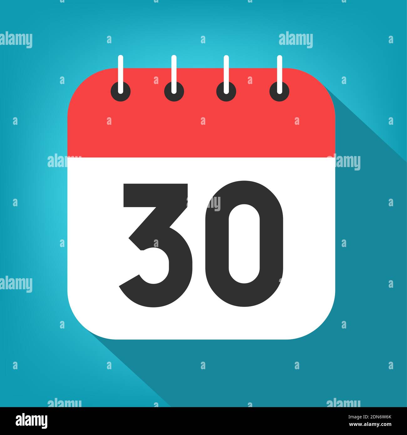 Calendar day 30. Number thirty on a white paper with red border on blue
