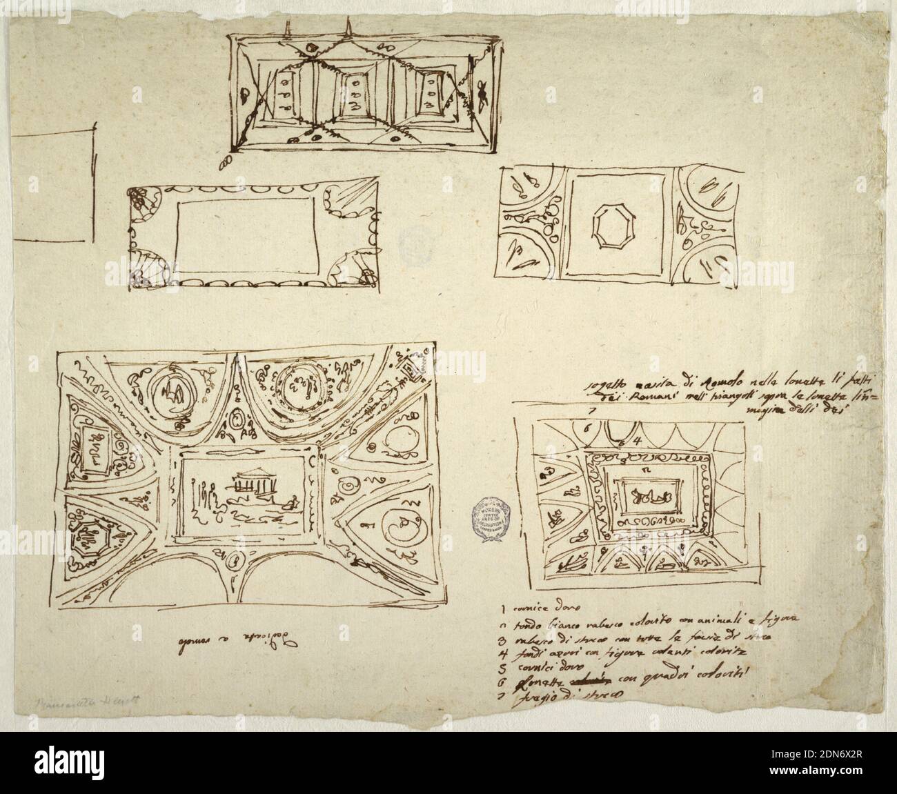 Five Ceiling Schemes, Felice Giani, Italian, 1758–1823, Pen and brown ink on laid paper, Top: Oblong ceiling with three sections, framed by bands; entire panels of sections held by pair of crossed boughs. Second row: at left, oblong ceiling with shell motifs in corners, connected by rows of arches. Inner oblong undecorated. At right, oblong ceiling with inner square into which octagon inscribed. Segments with figures shown in corners. Bottom left, oblong ceiling with richly decorated imaginary vaults and central oblong with landscape. Alternative suggestions made for schemes of decorations Stock Photo