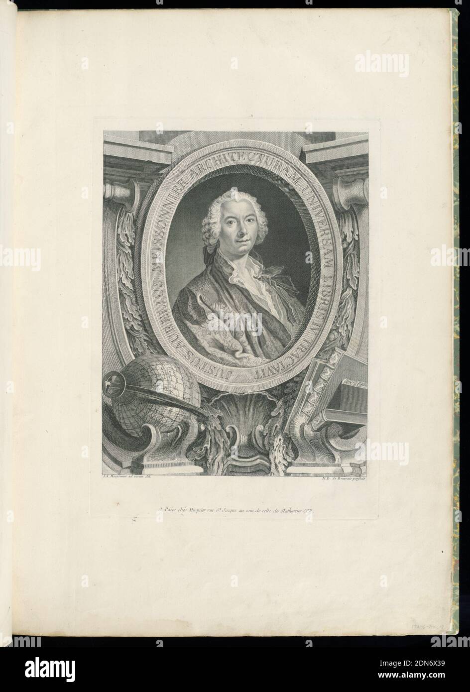 Portrait of J. A. Meissonnier, Juste-Aurèle Meissonnier, French, b. Italy, 1695–1750, Nicolas Dauphin Beauvais, Gabriel Huquier, French, 1695–1772, Engraving on white laid paper, Third state. Portrait bust of J. A. Meissonnier facing three quarters to his right in oval frame on which is written 'JUSTUS AURELIUS MEISSONNIER ARCHITECTURAM UNIVERSAM LIBRIS IV TRACTAVIT.' The portrait is surrounded by a cartouche consisting of a shell (lower center), a globe (lower left), book (lower right), and acanthus leaves (flanking portrait)., Paris, France, 1748, ornament, Print Stock Photo