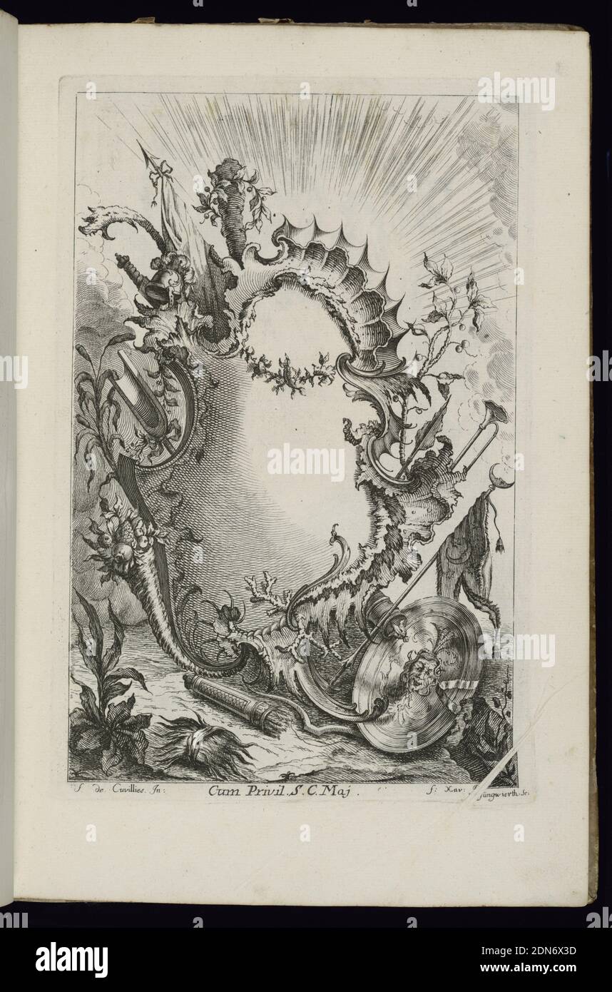 Cartouche with Armorial Trophy, Livre de Cartouches à divers usages (Book of Cartouches for Different Uses), François de Cuvilliés the Elder, Belgian, active Germany, 1695 - 1768, Franz Xaver Andreas Jungwierth, German, 1720–1790, François de Cuvilliés the Elder, Belgian, active Germany, 1695 - 1768, Etching and engraving on paper, Blank cartouche in Rococo style with armorial trophy including an escutcheon. At lower right, a fold in the paper during printing created a blank line in the image., Munich, Germany, 1738, albums (bound) & books, Bound print Stock Photo