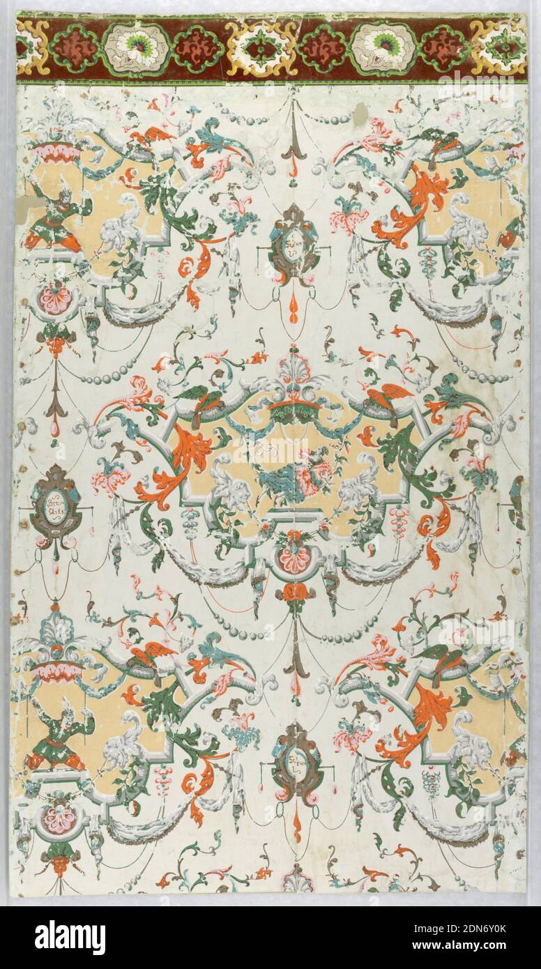 Sidewall, Block-printed paper, flocked, glazed, Vertical rectangle. Drop-repeating design of cartouches with yellow field enclosing, alternately, figure of a woman on a swing and figure of a man with a pole-axe. Cartouche enclosed with scrolls and surrounded by festoons of beading and drapery. Border has scrolled medallions outlined in green and yellow, against red flock field., France, 1835–45, Wallcoverings, Sidewall Stock Photo