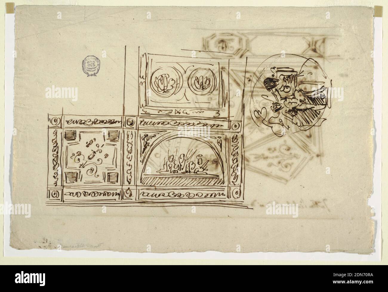 Sketches for the Painted Decoration of Ceilings, Felice Giani, Italian, 1758–1823, Pen and dark brown ink on light brown laid paper, Recto: decoration for three panels, square panel with lunettes and two oblong panels. Each panel has frame. Decoration of corner panel disposed obliquely. At right, circle with putto in act of climbing upon sitting woman., Verso: More than quarter of page shown--center medallion with figure with triangles at outside of frame. Ceiling divided into geometric panels with ornaments. Inscribed at right: tutta l'intelavatura si dovrebbe fare a chiaroscuro paletto Stock Photo