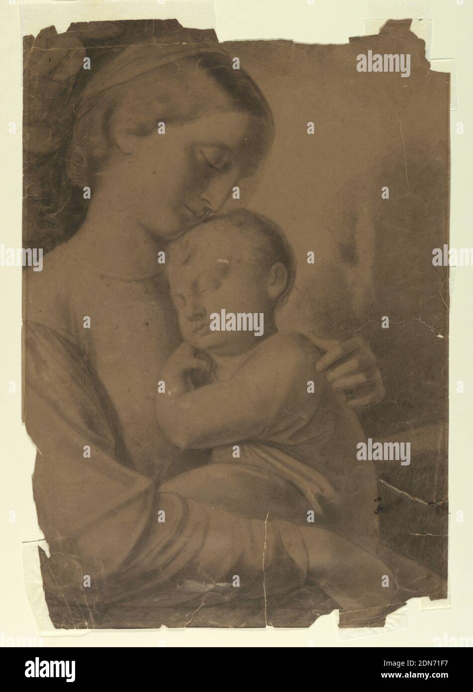 Madonna and Child, Leon Dabo, American, 1868–1960, Charcoal on brown paper, Student work. Half-length figure of the Madonna, turned towards the right, holding the sleeping Child in her arms., USA, 1886–92, figures, Drawing Stock Photo