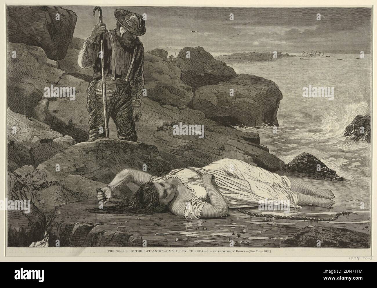 The Wreck of the 'Atlantic' – Cast up by the Sea, Winslow Homer, American, 1836–1910, Wood engraving printed in black ink on paper, Horizontal view of rocky seacoast with boulders, with the figure of a woman in nightdress lying full length in the foreground, while beyond her, looking downward, is a man with a boathook, and in distance, at right, are a point of land with figures and foundered steamship., USA, April 26, 1873, graphic design, Print Stock Photo