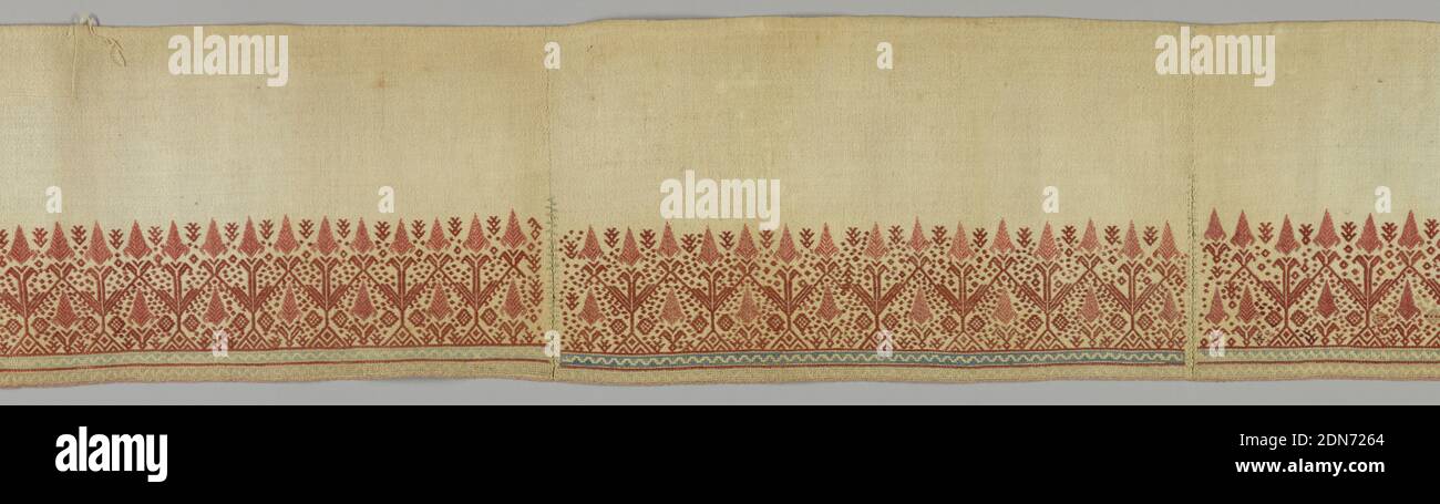 Border, Medium: silk embroidery on linen foundation Technique: embroidered on plain weave, Three pieces stitched together, each patterned by upright symmetrical stylized plants in rust red silk with two narrow geometric borders at botton in blue on yellow; plain undyed linen at top., Greece, 19th century, embroidery & stitching, Border Stock Photo