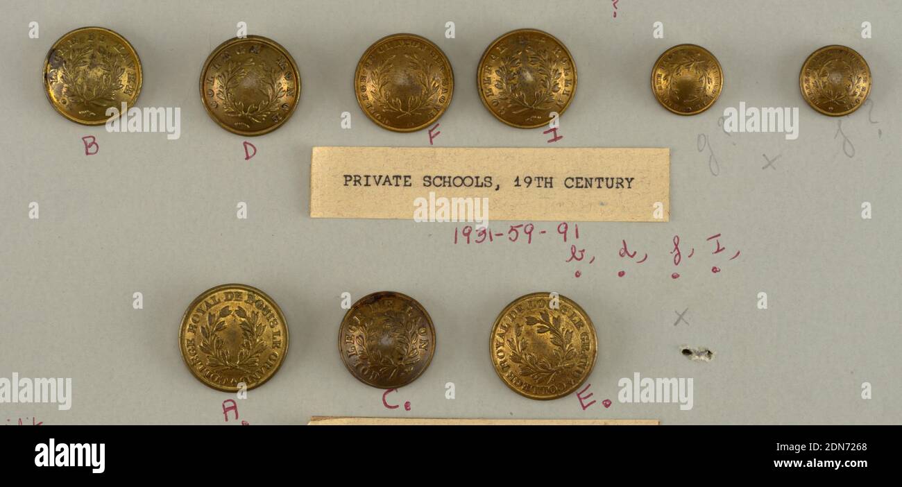 Button, Brass, Components -a/-f,-i are on card F, Two buttons have components rubbed off, possibly -g,-j, France, 19th century, metalwork, Decorative Arts, Button Stock Photo