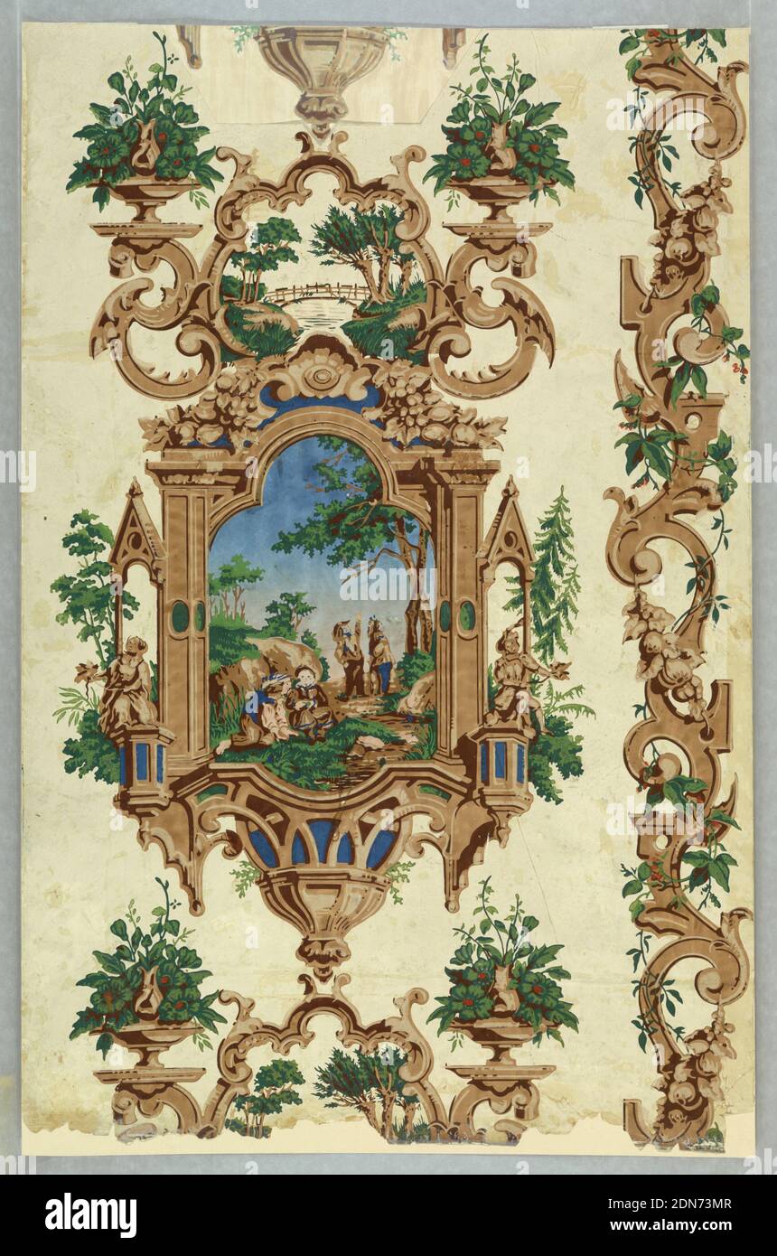 Gothic Revival design with landscape vignette, Block-printed paper, On ground of polished white, predominantly architectural pattern with gothic details, in brown, beiges, brilliant blues, green, touches of red. Fanciful architectural enframement, topped by two vases of flowers, flanked by two statues on pedestals under steep 'gothic' roofs, between which country scene with four peasant figures visible. Above, enframed in leafy architectural ornament, wooden bridge over tree-lined stream. At edge of paper, vertical banding of strapwork with fruit garland Stock Photo