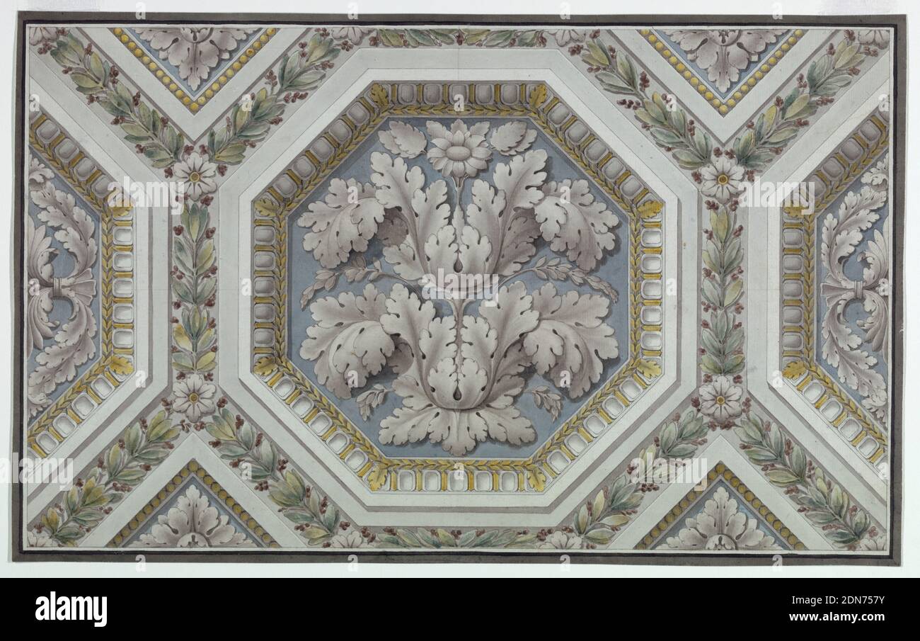 Ceiling Ornament, Pen and gray ink, watercolor, traces of graphite, ruled borders in pen and gray, Support: white laid paper, Italy, Italy, ca. 1870, interiors, Drawing Stock Photo