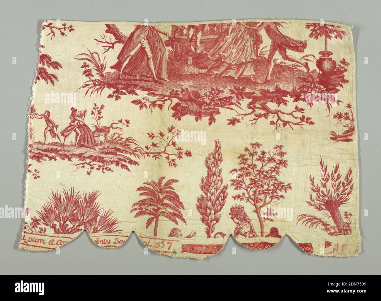 La Demande en Marriage, Medium: cotton Technique: printed by engraved copper plate on plain weave, Design in red on white ground showing parts of several vignettes., Nantes, France, ca. 1795, printed, dyed & painted textiles, Chef de piece, Chef de piece Stock Photo