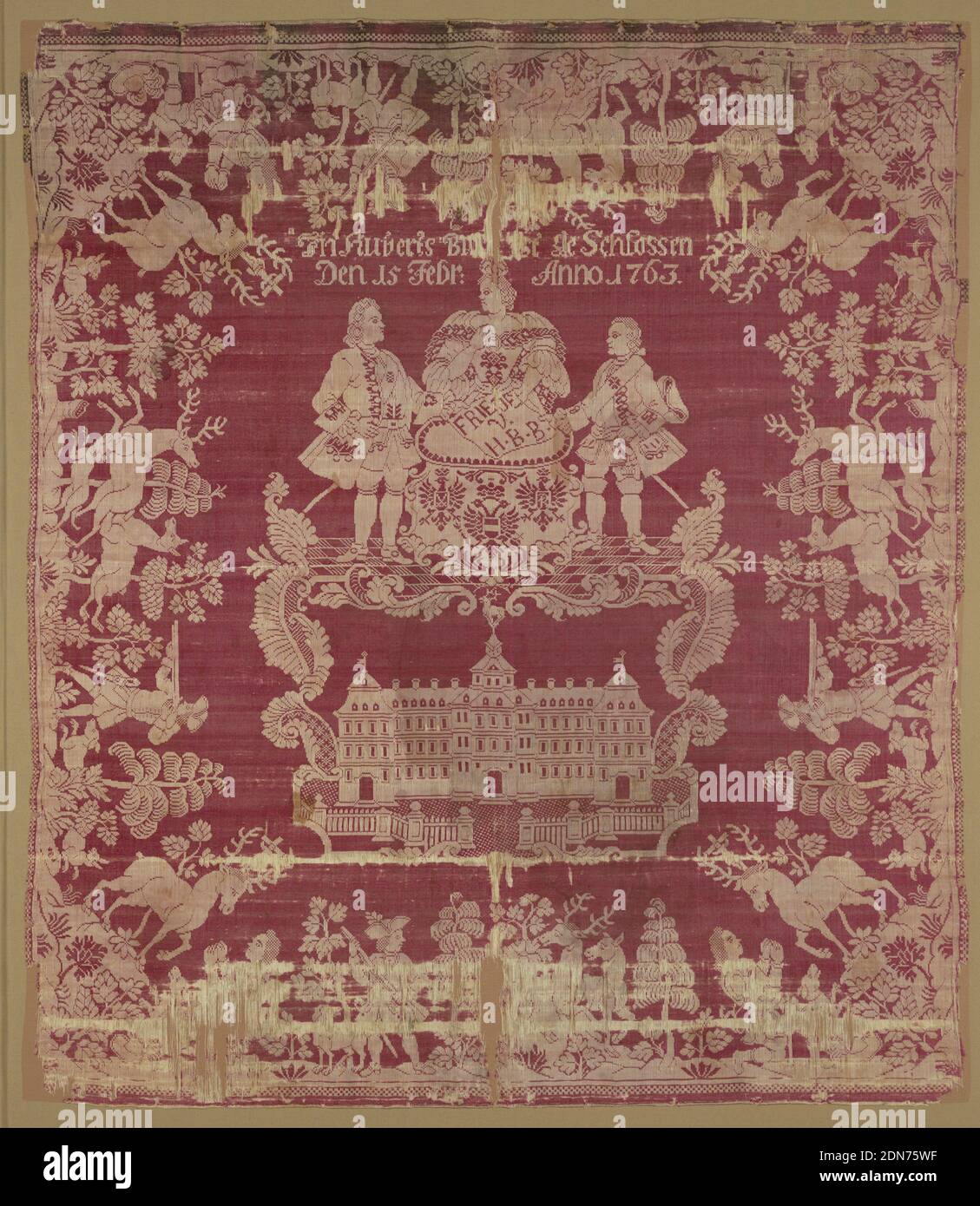 Fragment, linen/silk damask, Germany, 1763, woven textiles, Fragment Stock Photo
