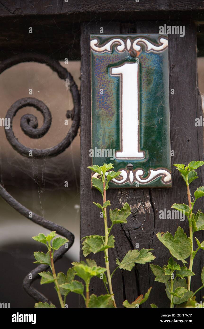 House number one on a ceramic enamel tile Stock Photo