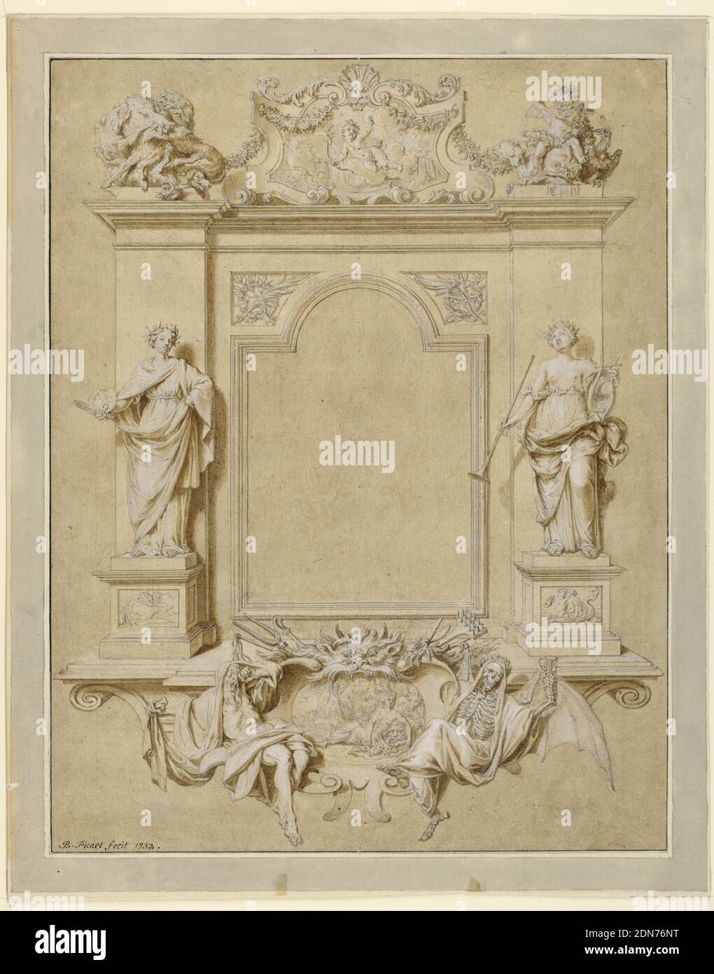 Memorial Panel Depicting Painting and Music, Pen and black ink, brush and brown wash and white gouache, black chalk, A tablet contains an imaginative picture frame in the central park. It is flanked by pilasters, in front of which the statues of 'Painting' and 'Music' stand. Below, in the center, is an escutcheon, showing a representation of 'Cybele'; it is supported by 'Saturnus' and 'Death,' Above the entablature is an escutcheon with Cupid, flanked by a boar and dogs, at left, and a putto upon a dolphin, and other animals, at right. Colored background, framing line., France, 1732, Drawing Stock Photo