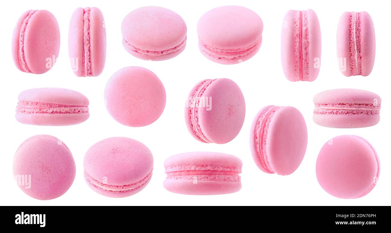 Isolated strawberry macaron collection. 15 pink macaroons with white and pink creme isolated on white background Stock Photo