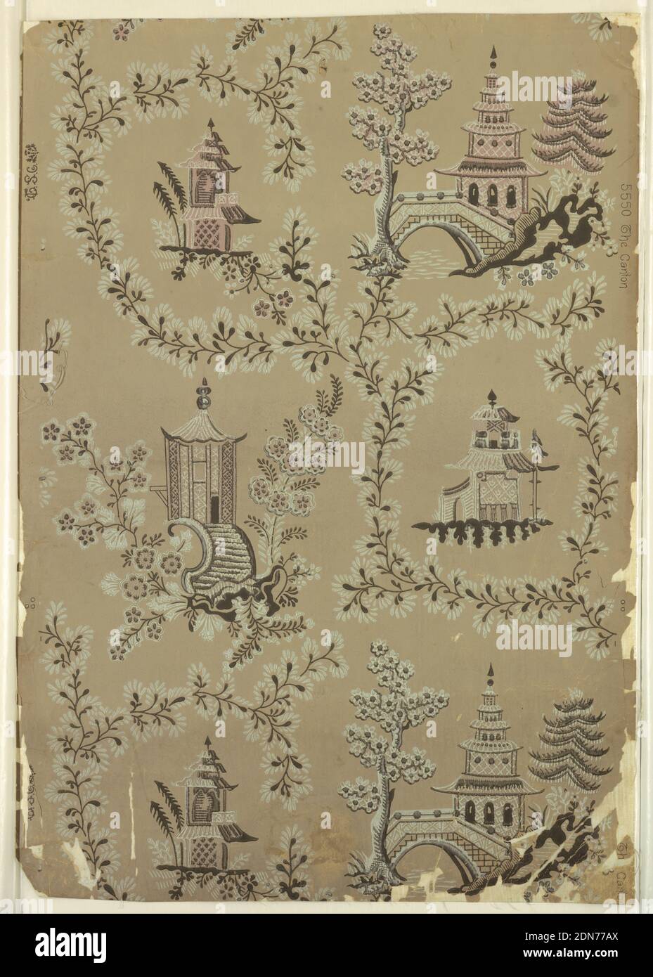 The Canton, Thomas Strahan & Co., Manufactory, Machine-printed paper, Vertical rectangle, a full width, giving nearly two repeats. Framework of simple floral forms enclosing areas of varying size and shape, with Chinoiserie pagoda and three different summer houses., Chelsea, Massachusetts, USA, ca. 1910, Wallcoverings, Sidewall, Sidewall Stock Photo