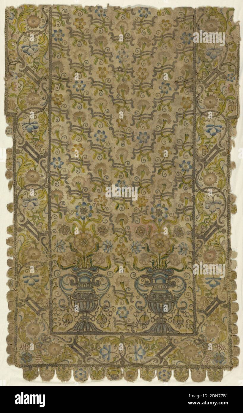 Panel, Medium: silk and metallic thread on linen (confirmed by microscope) Technique: embroidered, Embroidered wall hanging with silk and metallic-wrapped threads. Overall meandering floral motif with center motif of two metallic vases with flowers sprouting out. Edge is scalloped with each scallop holding a single flower., Italy?, 18th century, embroidery & stitching, Panel Stock Photo