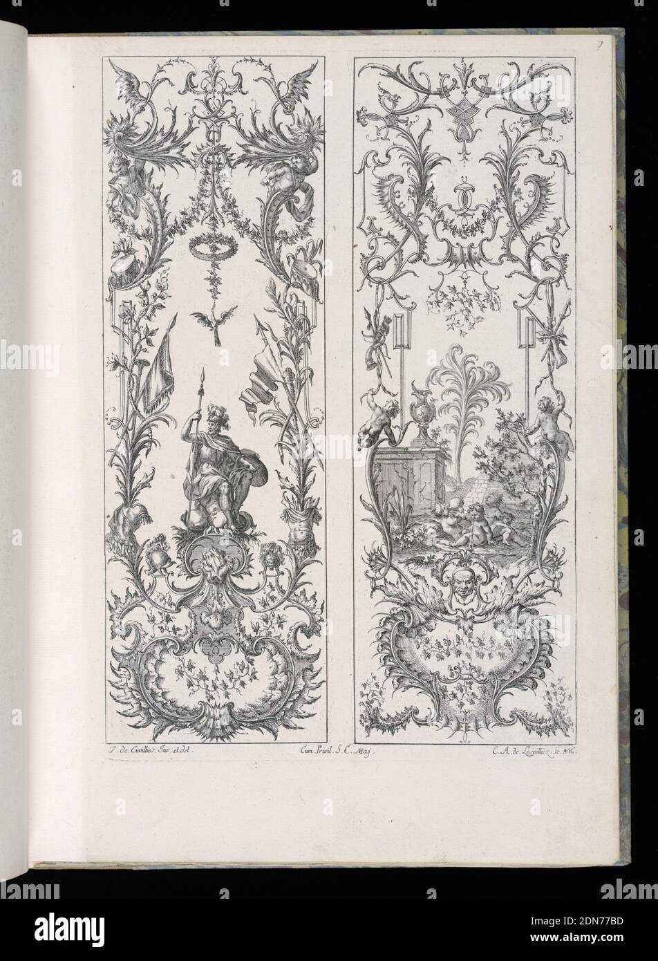 Two Upright Panels, Livre Nouveaux de Paneaux à divers usages (Book of New Panels for Various Uses), François de Cuvilliés the Elder, Belgian, active Germany, 1695 - 1768, Carl Albert von Lespilliez, German, 1723 - 1796, François de Cuvilliés the Elder, Belgian, active Germany, 1695 - 1768, Engraving on paper, Folio 8, plate 7 of series 6. Two designs for upright panels in Rococo style. At left, panel decorated with masks, armorial trophies, banners, drums, and putti figures. A central male armored figure sits upon a rock and holds a spear and shield. At right, panel decorated with masks Stock Photo