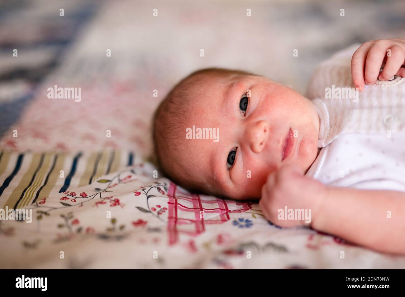 Newborn baby for the first time at home, lying in a blanket on the bed