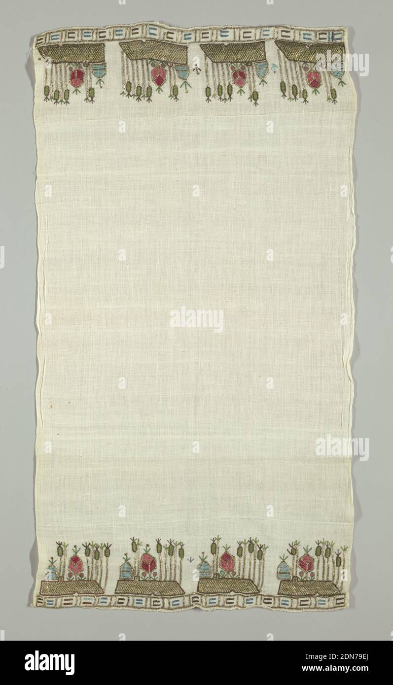Towel, Medium: cotton, silk, metallic thread Technique: embroidered, Towel of white hand-woven cotton with ends embroidered in detached designs, simulating an island with tall trees and other forms. Pattern embroidered in red, rose, green, light blue and gold. Simple border of block design in gold and colors., Near East, late 19th century, embroidery & stitching, Towel Stock Photo