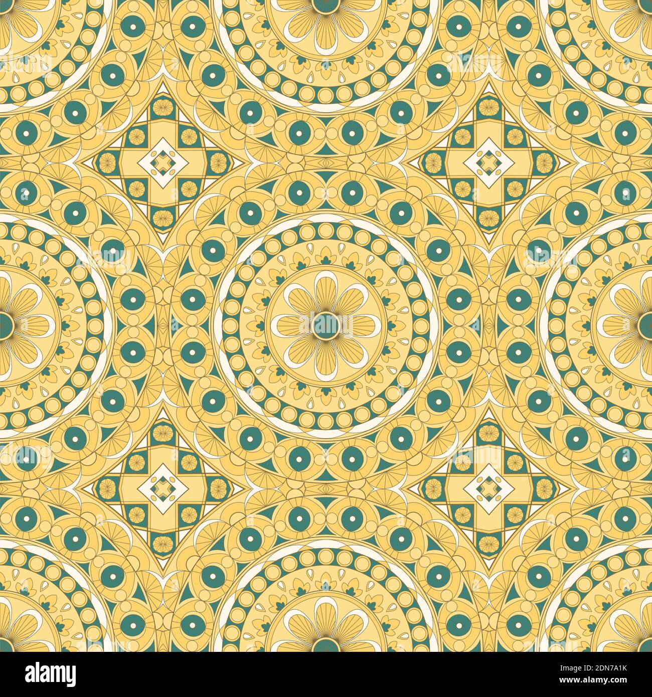 Ethnic tight vector pattern. Yellow rhombus and circle mandalas. Can be used for design of fabric, covers, wallpapers, tiles. Stock Vector