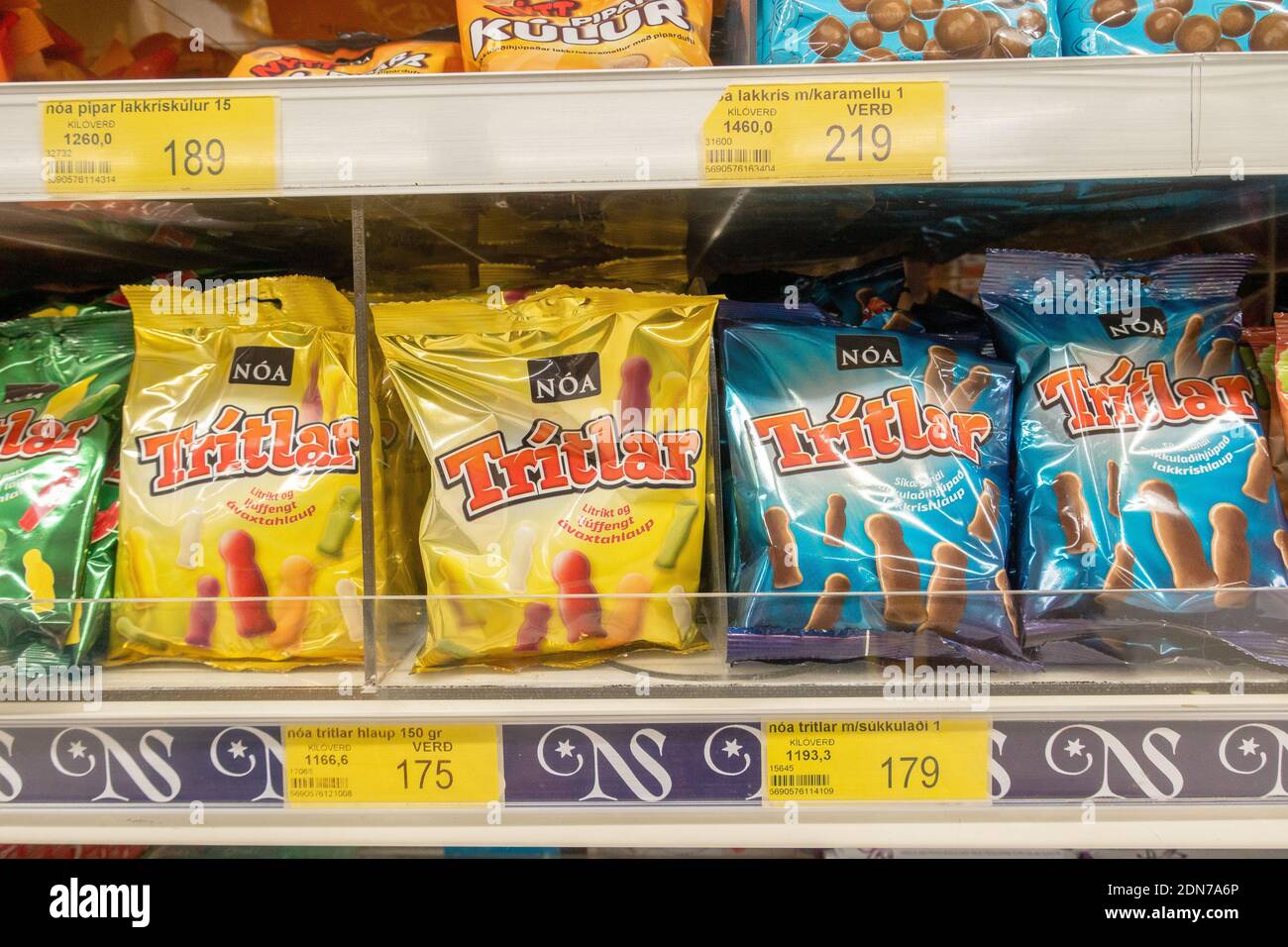 Bags Of Candy Sweets Display On A Supermarket Shelf In Iceland Stock Photo