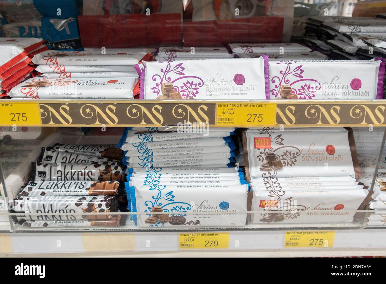 Chocolate Bars Display On A Supermarket Shelf In Iceland Stock Photo