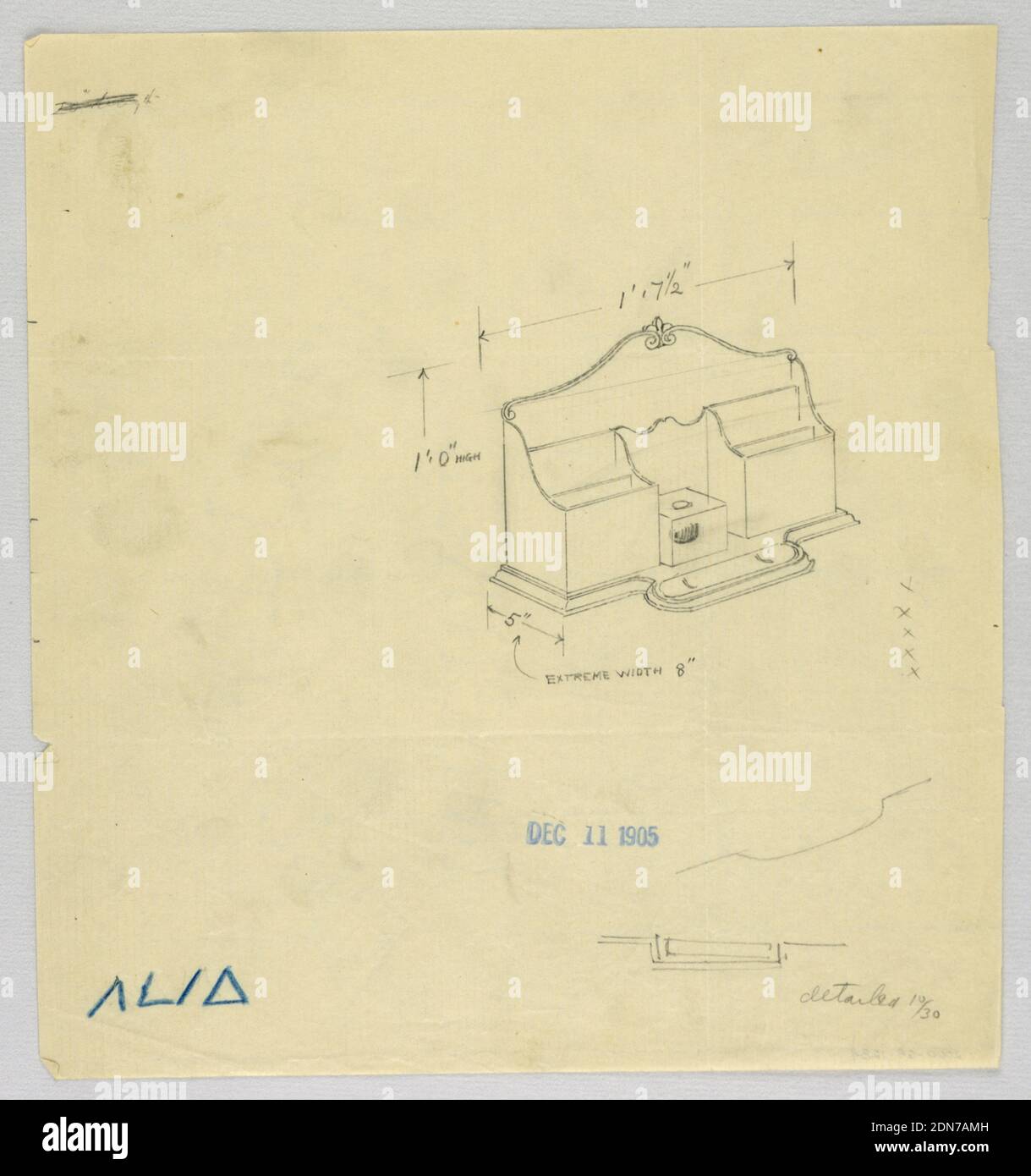 Design for Plain Desk Organizer, A.N. Davenport Co., Graphite, blue color pencil on thin cream laid paper, 1900–05, furniture, Drawing Stock Photo
