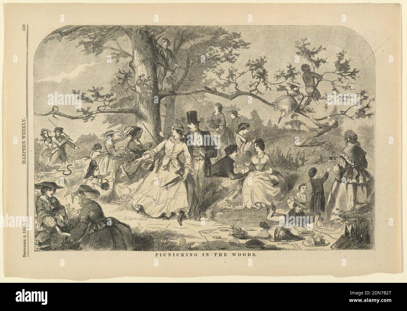 Picnicking in the Woods, Winslow Homer, American, 1836–1910, Harper's Weekly, Wood engraving in black ink on paper, Picknickers in the woods. Some of the party running away from a snake., USA, September 4, 1858, figures, Print Stock Photo