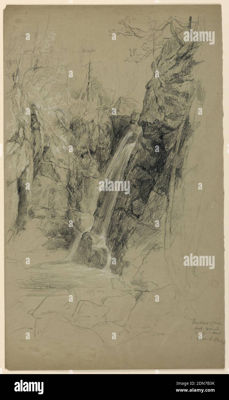 A Waterfall, Daniel Huntington, American, 1816–1906, Black and white crayon on grey-brown paper, Water falling from high rocks at right. Pool below, with outlined rocks in foreground and trees beyond., USA, 1855–65, landscapes, Drawing Stock Photo