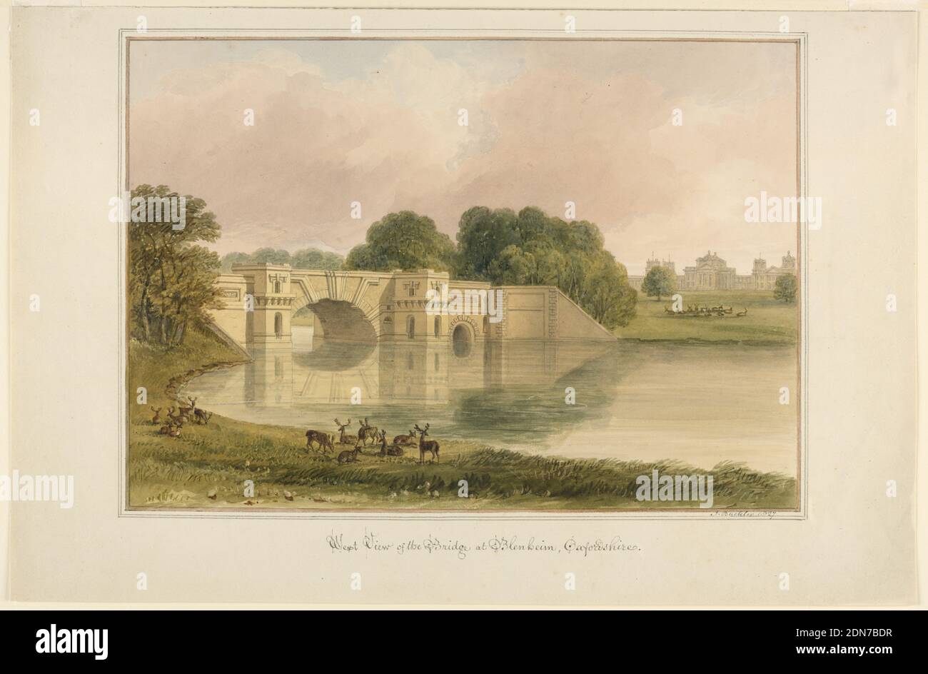 West View of Bridge at Blenheim, Oxfordshire, John Buckler, F.S.A., British, 1770 – 1851, Graphite, pen and brown ink, brush and watercolor, View of the lake and bridge at left with the castle in the distance at right. A herd of deer is shown in the foreground., England, 1827, architecture, Drawing Stock Photo