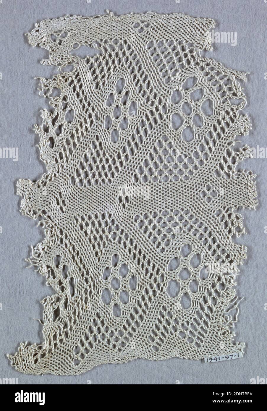 Fragment, Medium: linen Technique: sprang, Pattern of upright bars with projecting diagonals that meet to form lozenge shapes worked in twisted threads. The mesh is hexagonal and has two sizes., Slovakia, 18th century, non-woven textiles, Fragment Stock Photo
